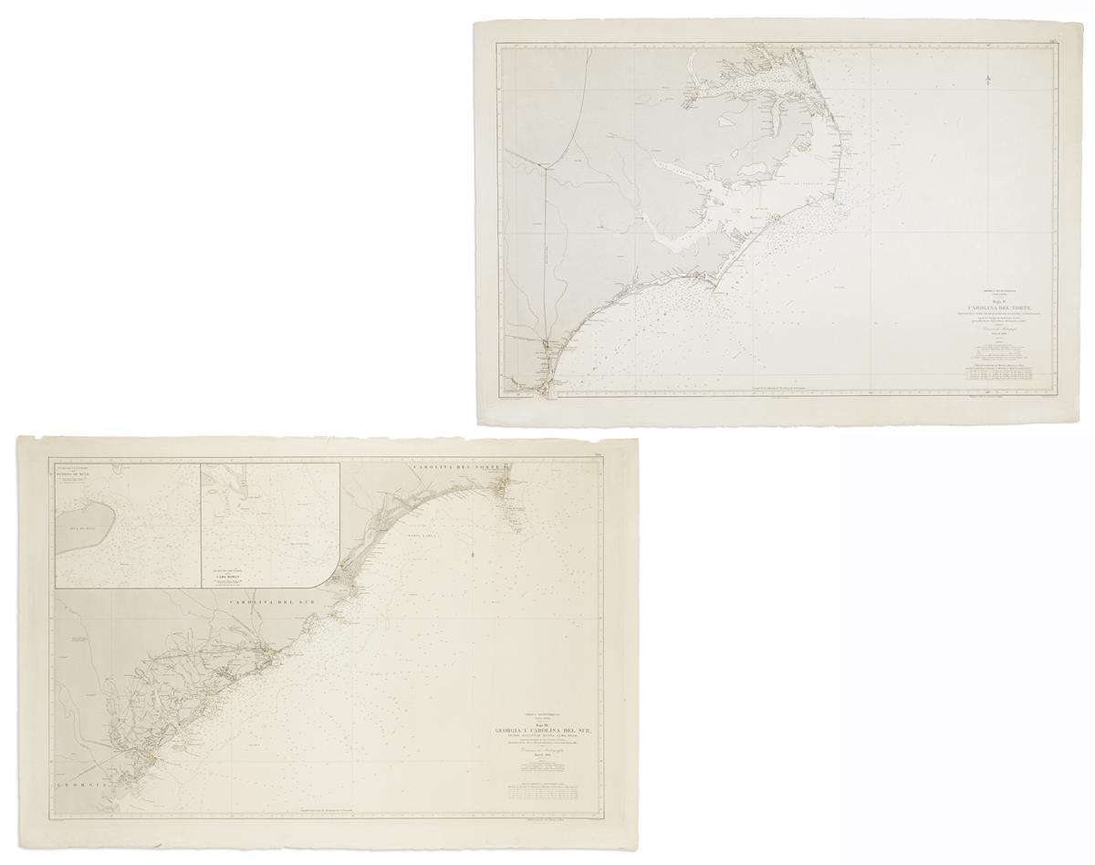 (AMERICAN SOUTHEAST.) Direccion Hidrografica de Madrid. Two large engraved charts of the Carolina and Georgia coastlines.